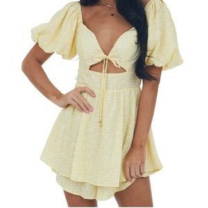 LIME LUSH: Lemon Gingham Print Layered Puff Sleeve Romper